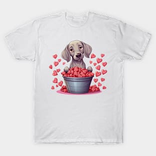 Cartoon Weimaraner Dog in Hearts Basket T-Shirt